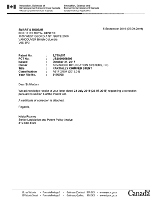 Document de brevet canadien 2739007. Accusé de corrections sous l'article 8 20190905. Image 1 de 2