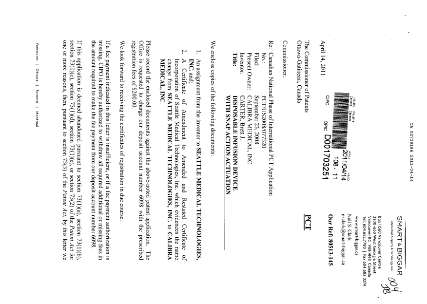 Document de brevet canadien 2739186. Cession 20110414. Image 1 de 6