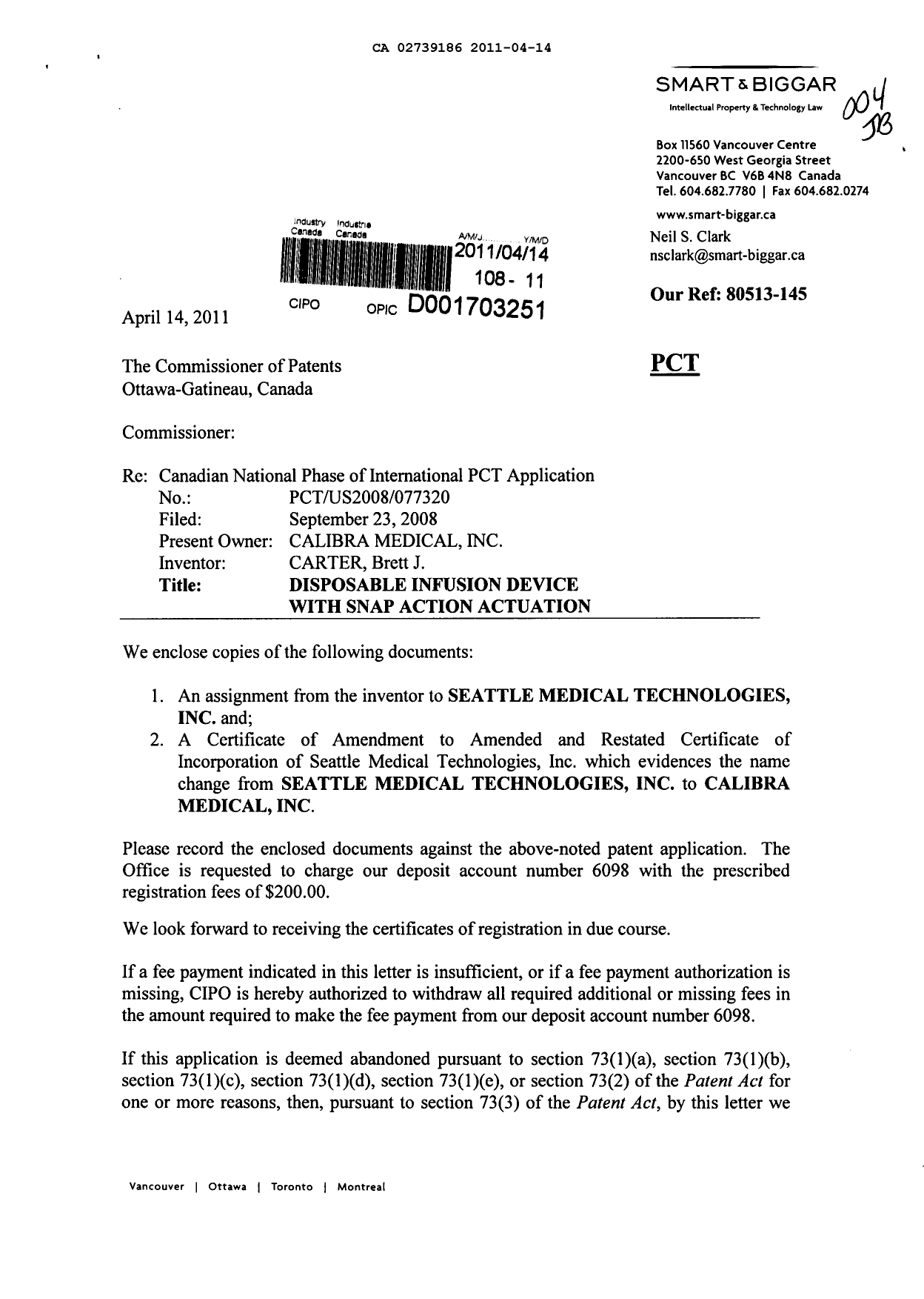 Document de brevet canadien 2739186. Cession 20110414. Image 1 de 6