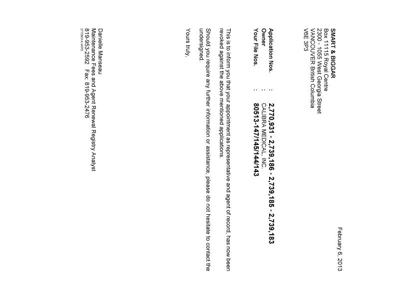 Document de brevet canadien 2739186. Correspondance 20130206. Image 1 de 1