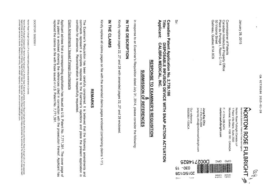 Document de brevet canadien 2739186. Poursuite-Amendment 20150128. Image 1 de 9