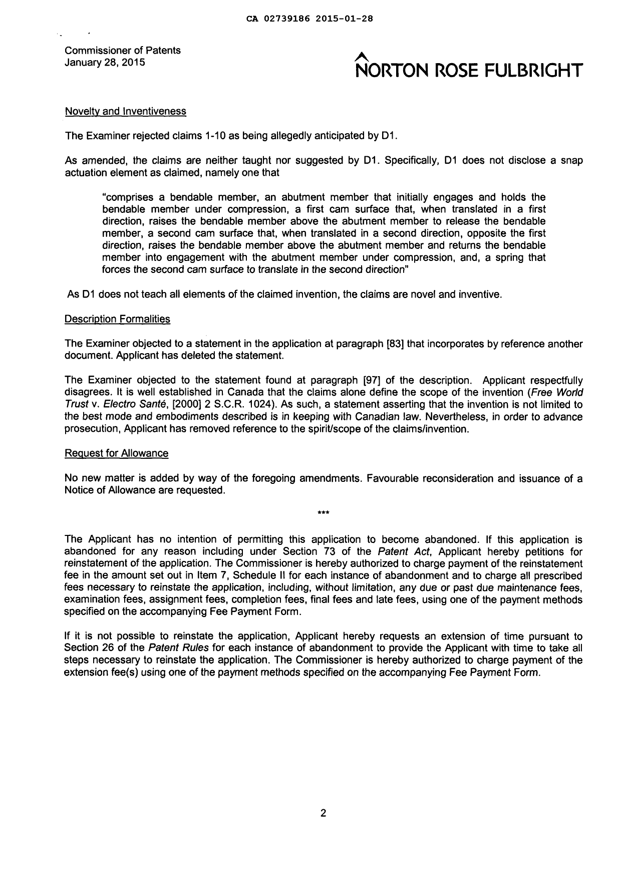 Canadian Patent Document 2739186. Prosecution-Amendment 20150128. Image 2 of 9