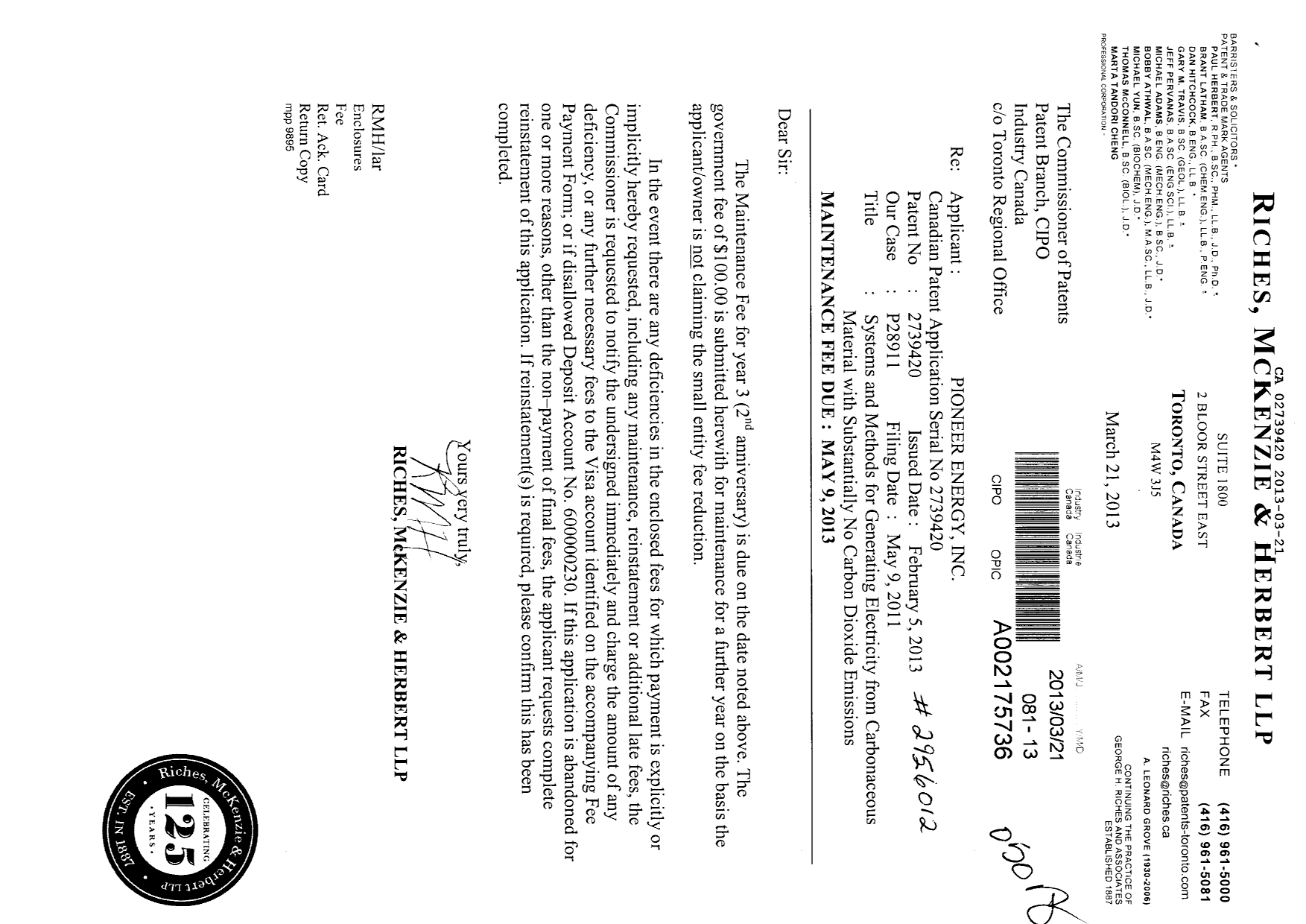 Document de brevet canadien 2739420. Taxes 20121221. Image 1 de 1