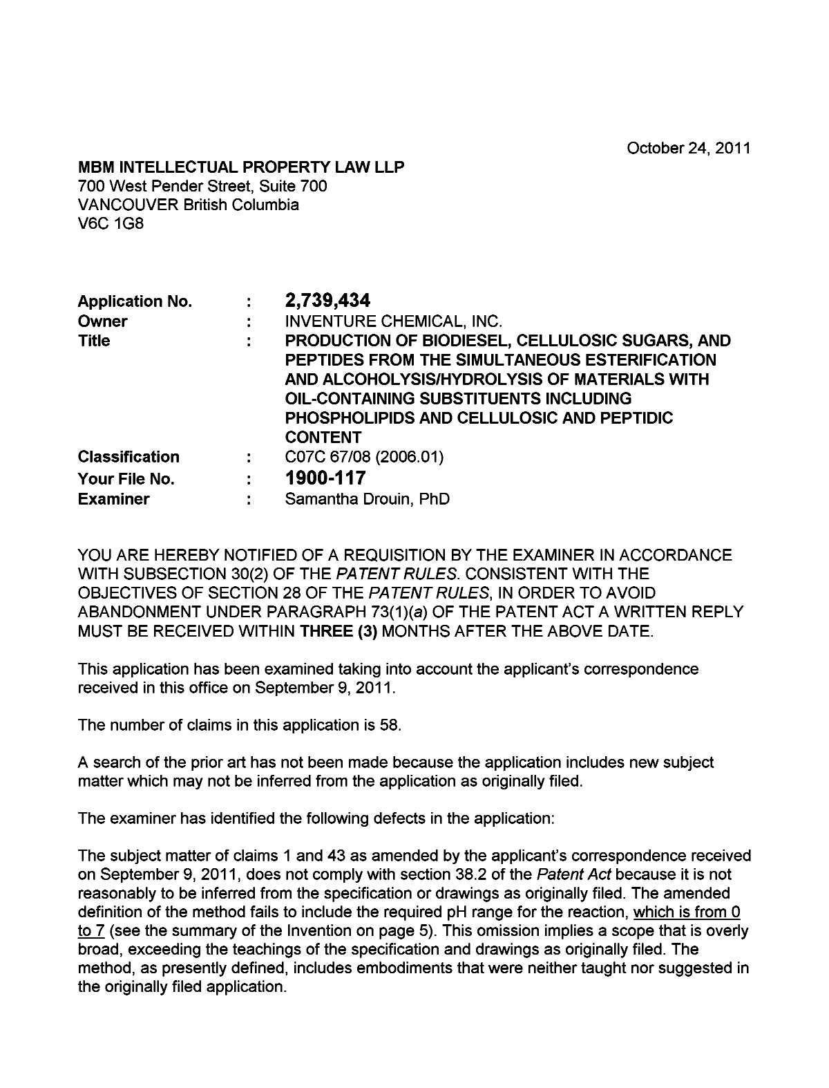 Canadian Patent Document 2739434. Prosecution-Amendment 20111024. Image 1 of 3