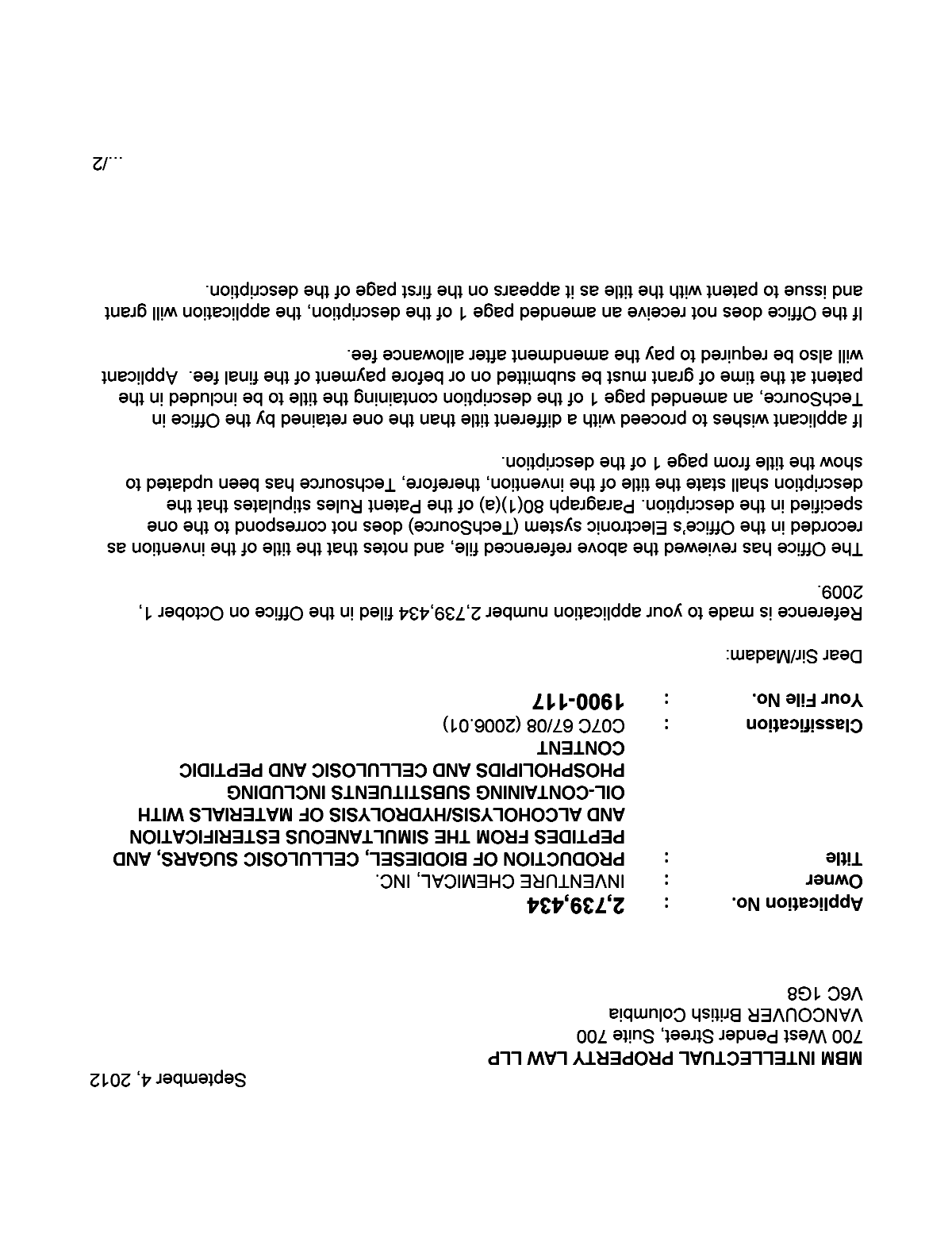 Document de brevet canadien 2739434. Correspondance 20111204. Image 1 de 2
