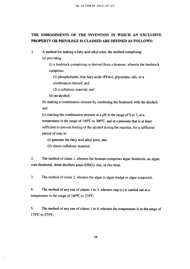 Document de brevet canadien 2739434. Revendications 20111223. Image 1 de 8
