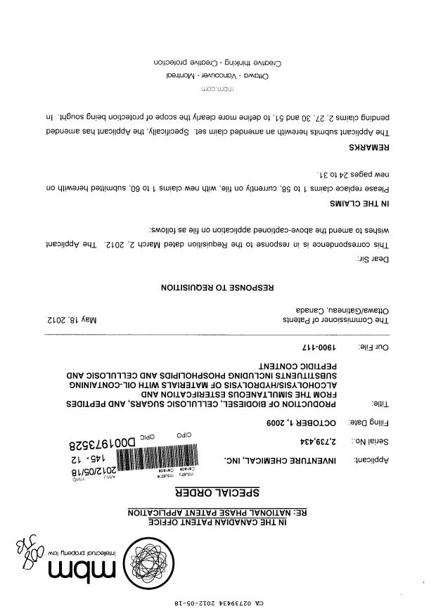 Document de brevet canadien 2739434. Poursuite-Amendment 20120518. Image 1 de 11