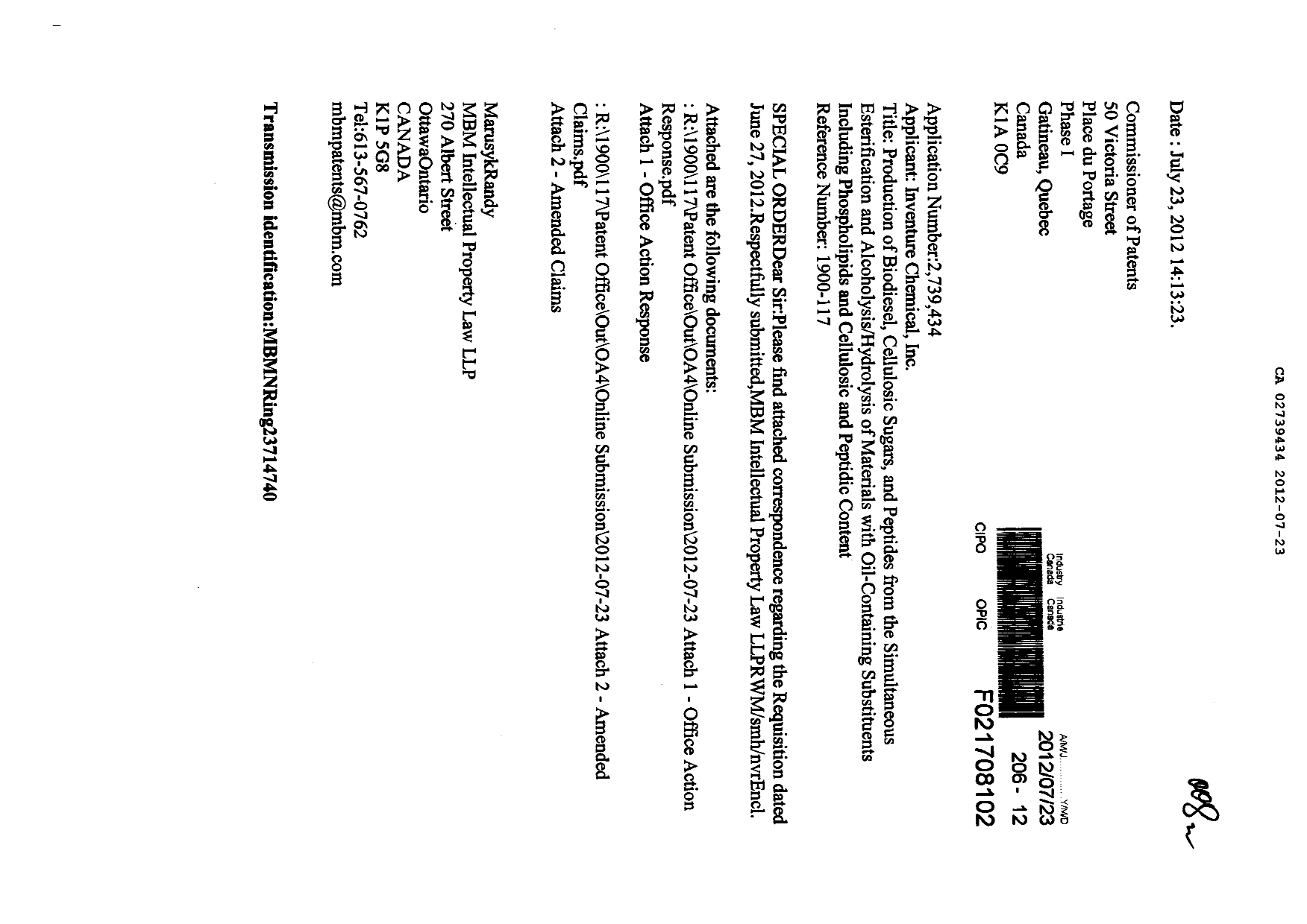 Document de brevet canadien 2739434. Poursuite-Amendment 20120723. Image 1 de 12