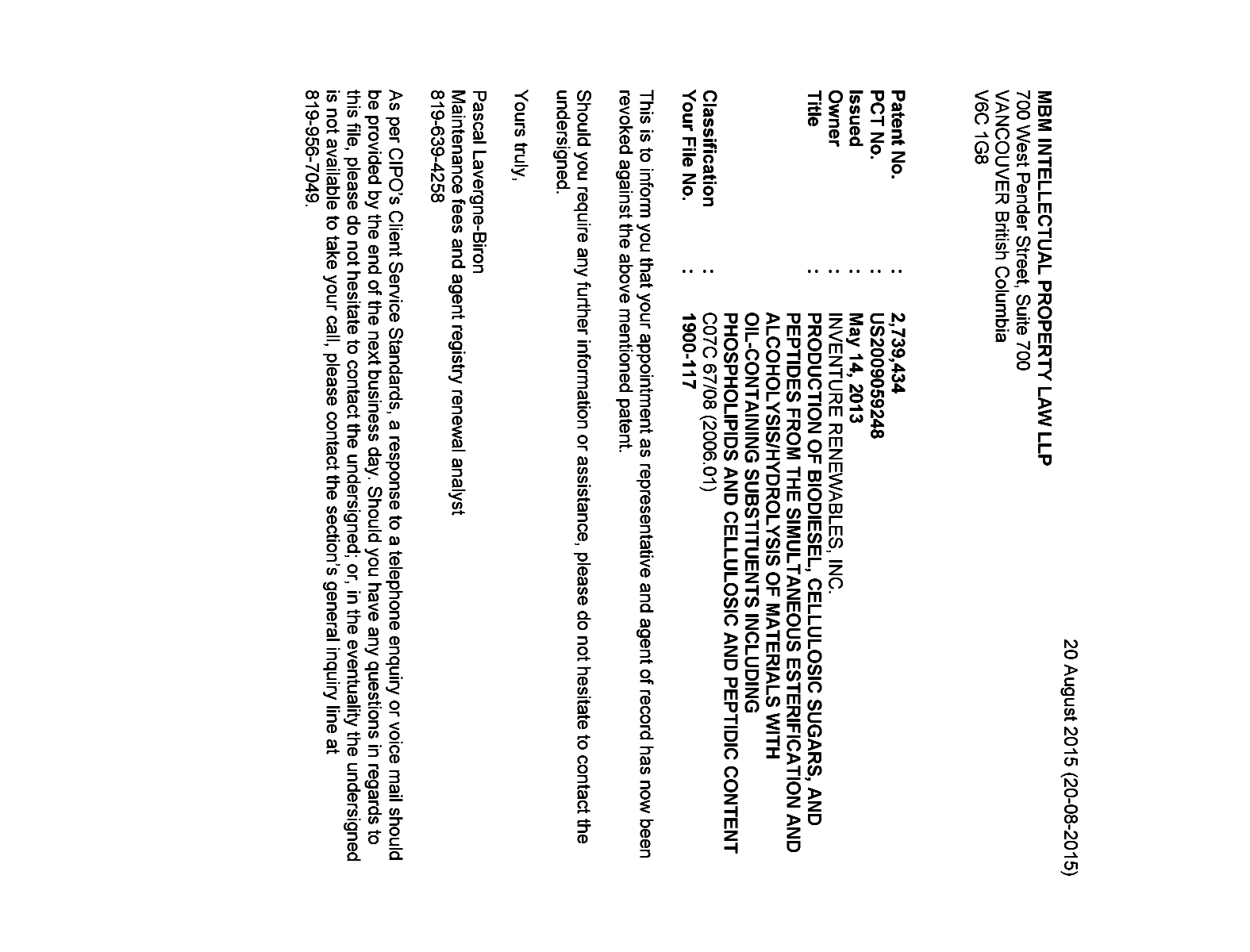 Document de brevet canadien 2739434. Lettre du bureau 20150820. Image 1 de 1