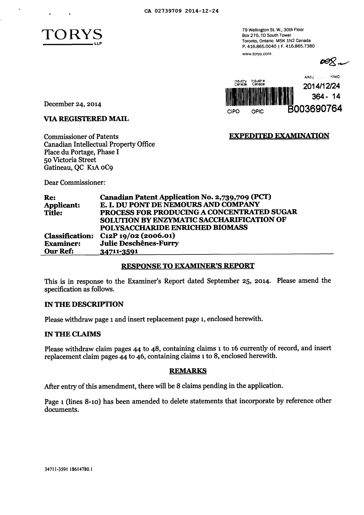 Document de brevet canadien 2739709. Poursuite-Amendment 20131224. Image 1 de 9