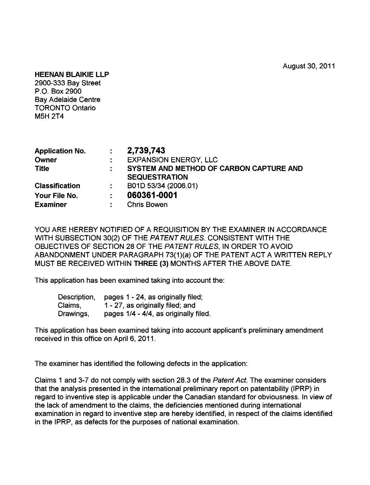 Document de brevet canadien 2739743. Poursuite-Amendment 20101230. Image 1 de 3