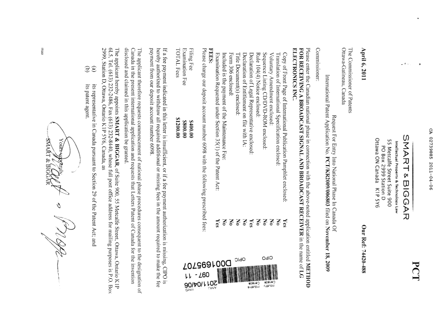 Document de brevet canadien 2739885. Cession 20110406. Image 1 de 2