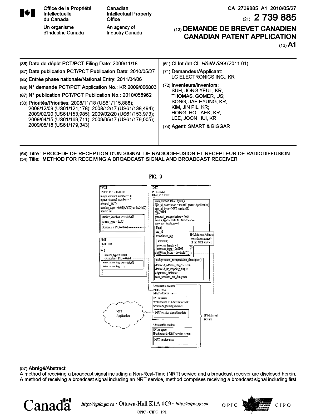 Document de brevet canadien 2739885. Page couverture 20110608. Image 1 de 2