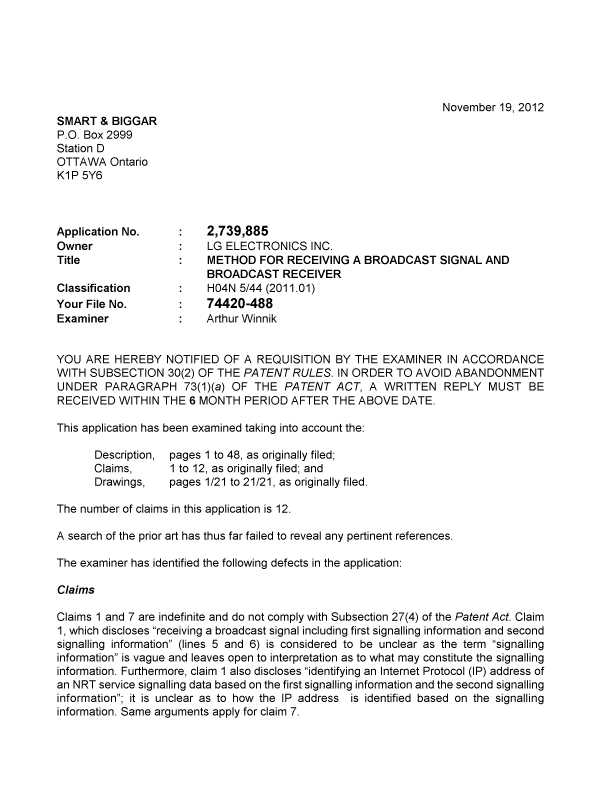 Canadian Patent Document 2739885. Prosecution-Amendment 20121119. Image 1 of 2