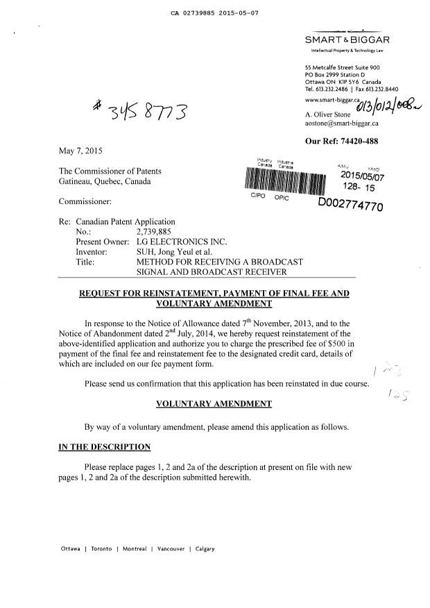 Document de brevet canadien 2739885. Correspondance 20150507. Image 1 de 3