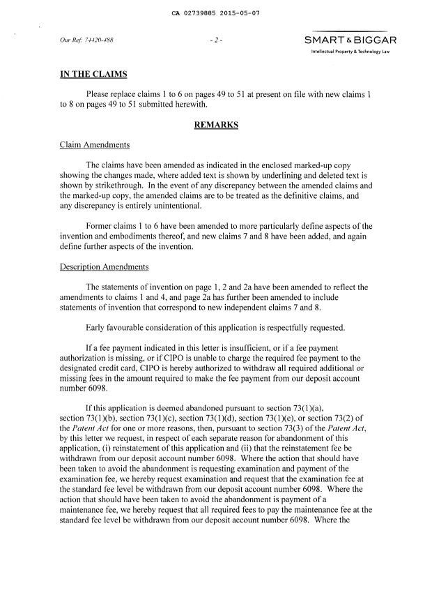 Document de brevet canadien 2739885. Poursuite-Amendment 20150507. Image 2 de 12