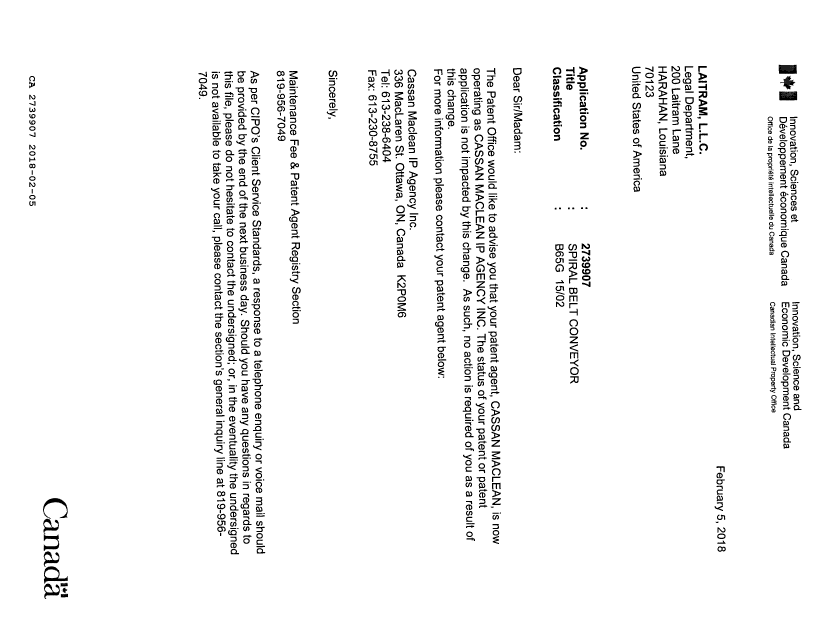 Document de brevet canadien 2739907. Lettre du bureau 20180205. Image 1 de 1