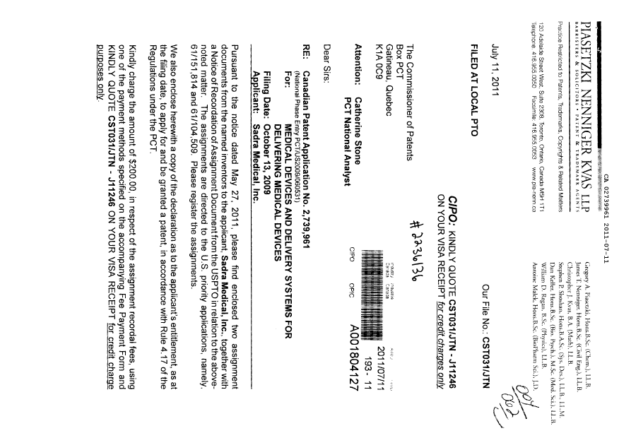 Canadian Patent Document 2739961. Correspondence 20110711. Image 1 of 3
