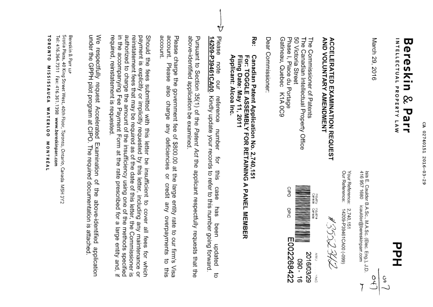 Document de brevet canadien 2740151. Requête ATDB (PPH) 20160329. Image 1 de 7