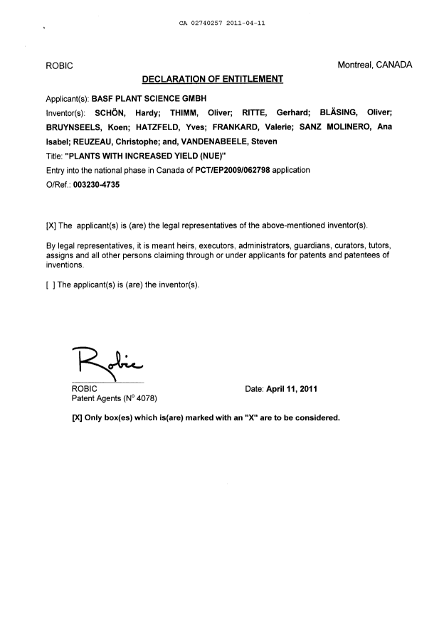 Document de brevet canadien 2740257. Cession 20110411. Image 6 de 6