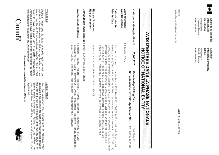 Document de brevet canadien 2740257. Correspondance 20110601. Image 1 de 1