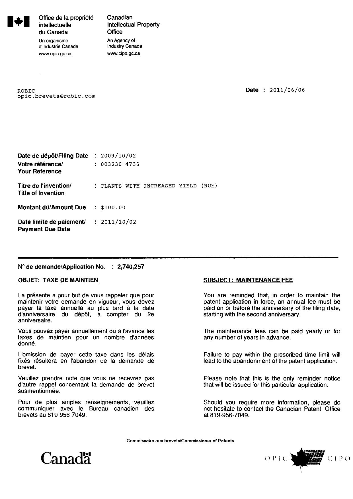 Document de brevet canadien 2740257. Correspondance 20110606. Image 1 de 1