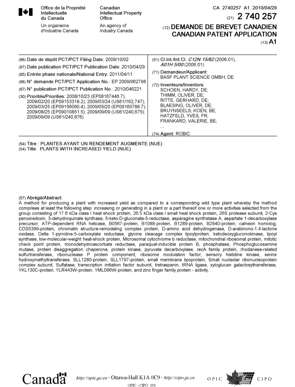 Canadian Patent Document 2740257. Cover Page 20110613. Image 1 of 2