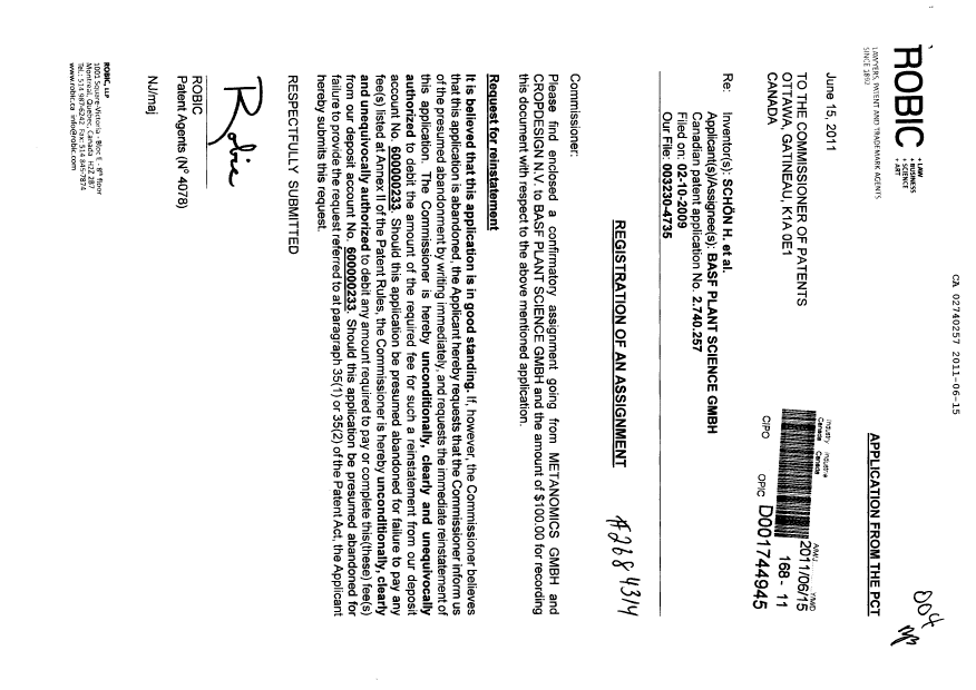 Document de brevet canadien 2740257. Cession 20110615. Image 1 de 6