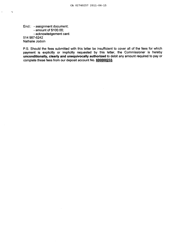 Document de brevet canadien 2740257. Cession 20110615. Image 2 de 6