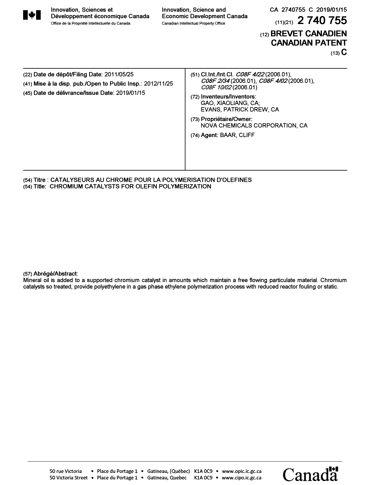 Canadian Patent Document 2740755. Cover Page 20181217. Image 1 of 1