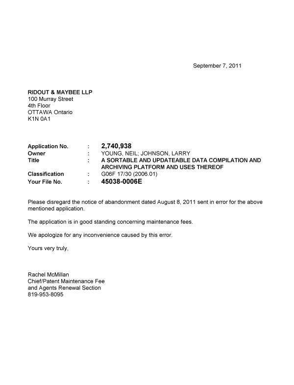 Document de brevet canadien 2740938. Correspondance 20110907. Image 1 de 2