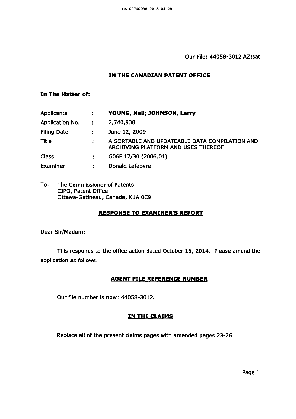 Canadian Patent Document 2740938. Prosecution-Amendment 20150408. Image 2 of 13