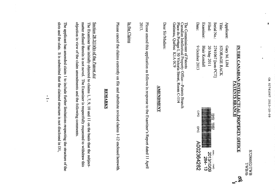 Canadian Patent Document 2741067. Prosecution-Amendment 20131009. Image 1 of 5