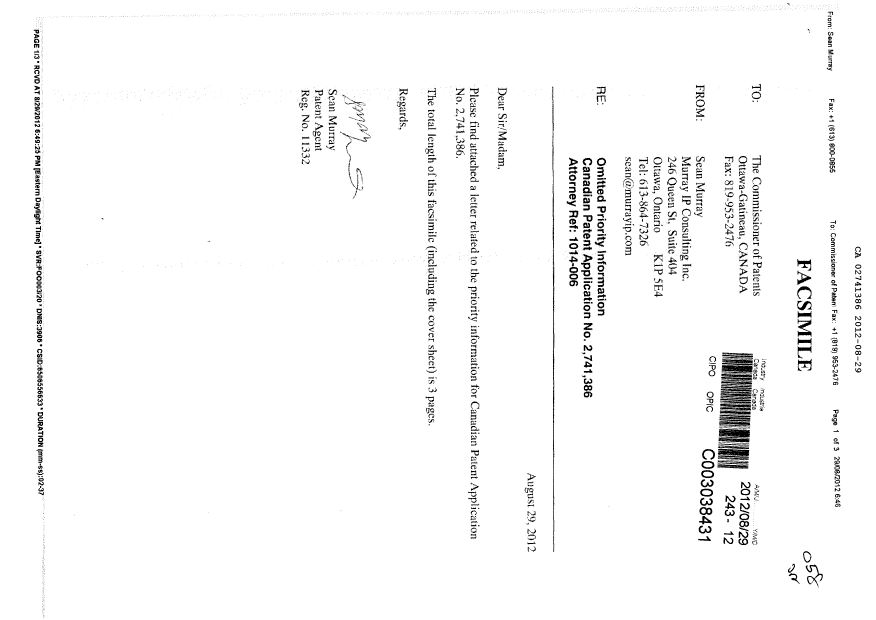 Document de brevet canadien 2741386. Correspondance 20111229. Image 1 de 4