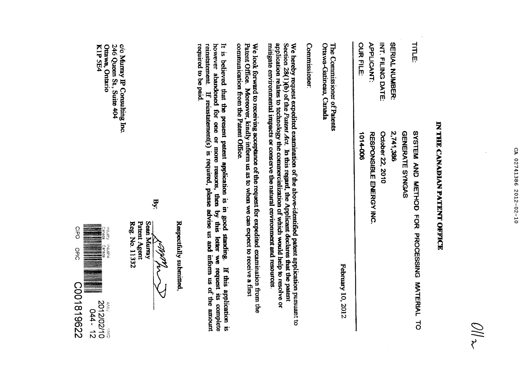 Canadian Patent Document 2741386. Prosecution-Amendment 20120210. Image 1 of 2