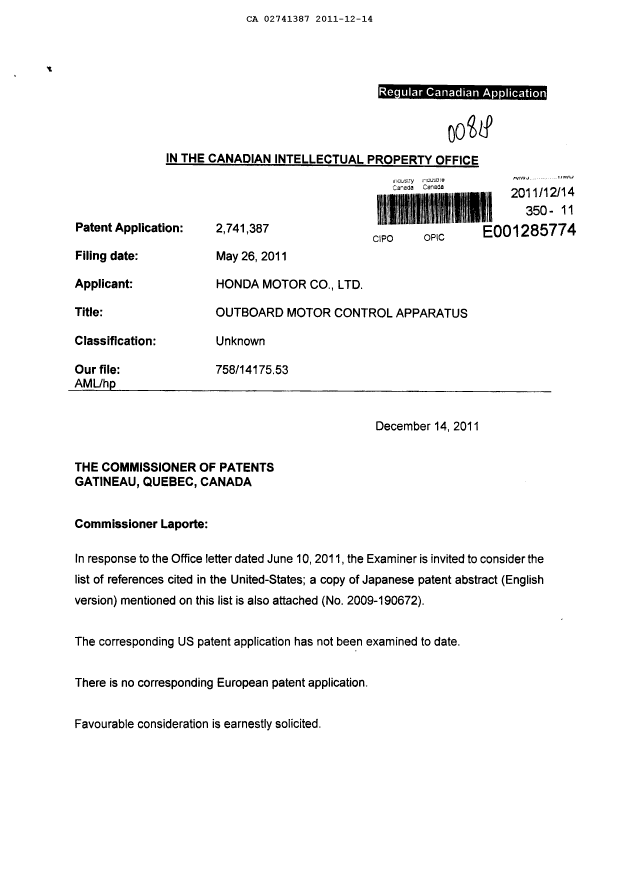Document de brevet canadien 2741387. Poursuite-Amendment 20111214. Image 1 de 2
