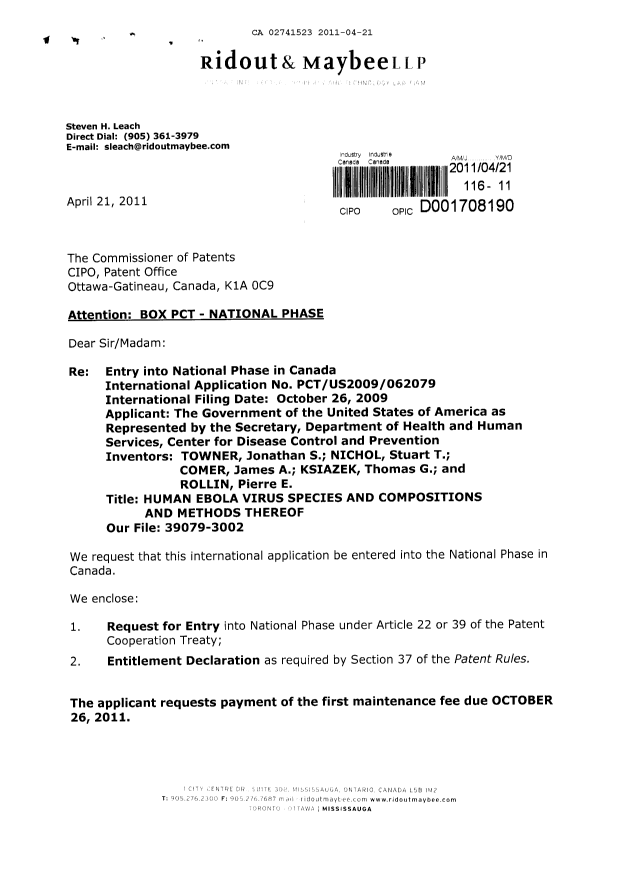 Document de brevet canadien 2741523. Cession 20110421. Image 1 de 5