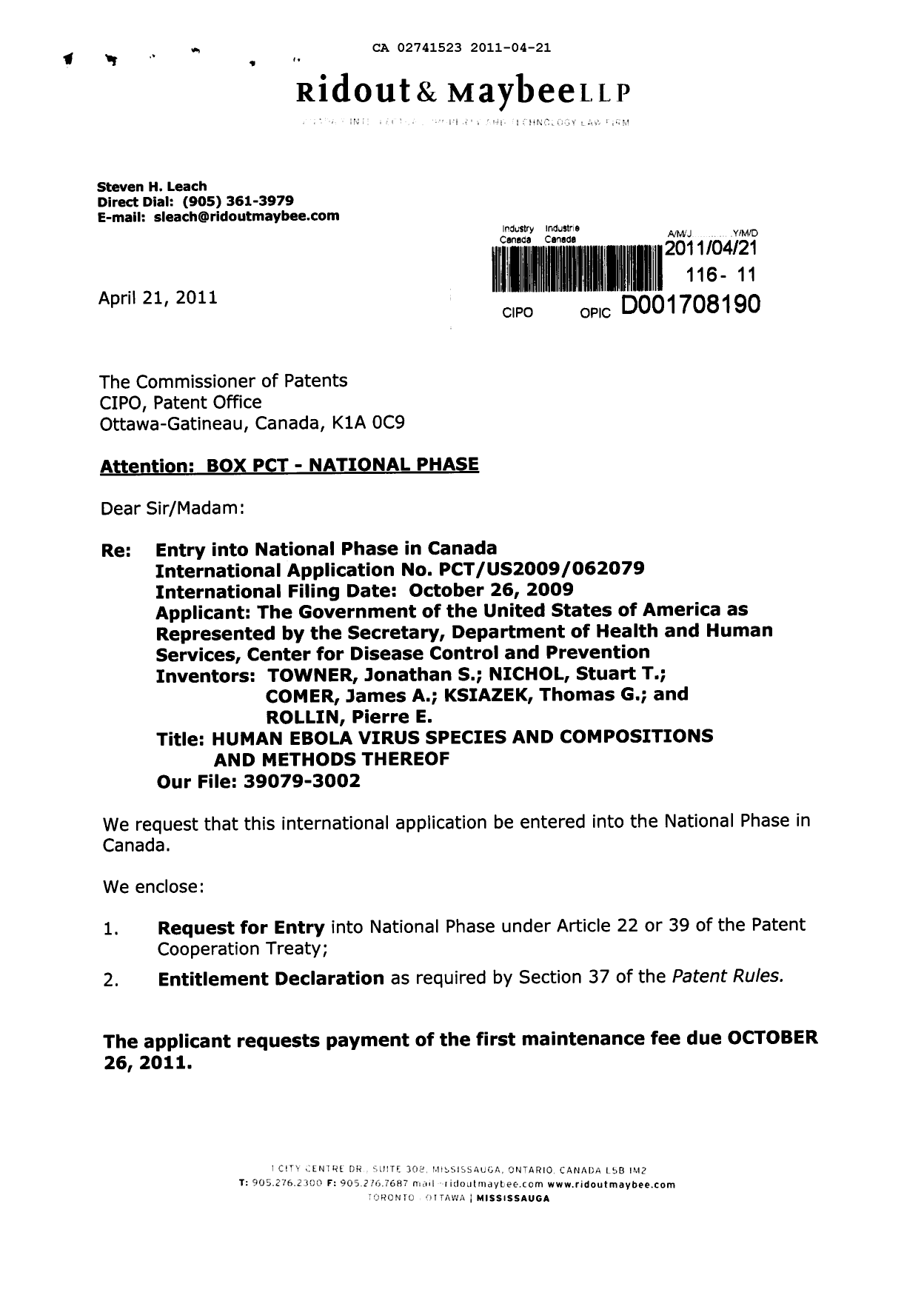 Document de brevet canadien 2741523. Cession 20110421. Image 1 de 5