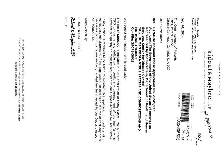 Document de brevet canadien 2741523. Poursuite-Amendment 20140714. Image 1 de 1