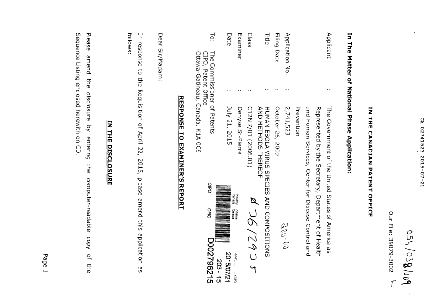 Document de brevet canadien 2741523. Poursuite-Amendment 20150721. Image 1 de 4