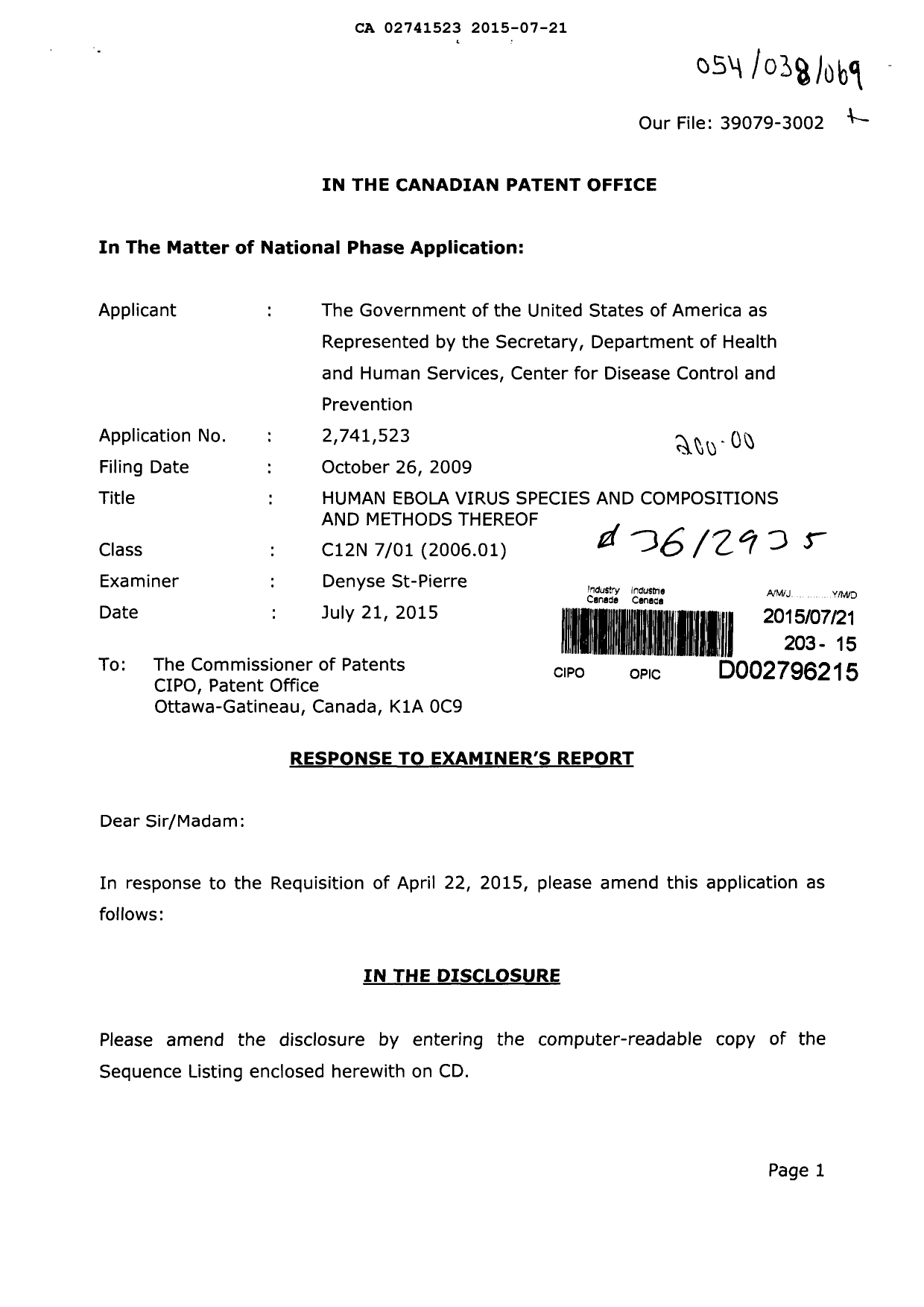 Document de brevet canadien 2741523. Poursuite-Amendment 20150721. Image 1 de 4
