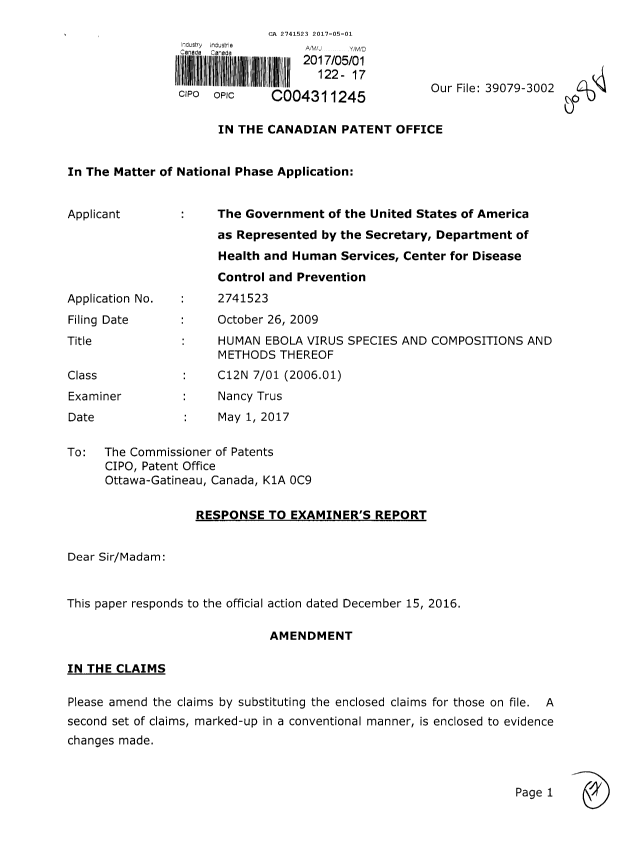 Document de brevet canadien 2741523. Modification 20170501. Image 1 de 17