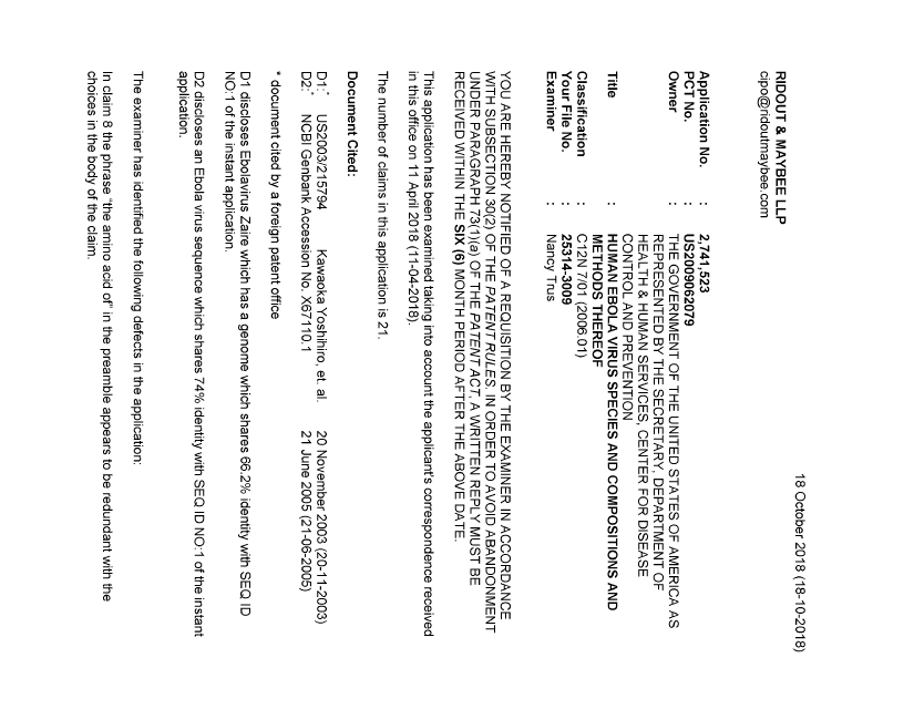 Document de brevet canadien 2741523. Demande d'examen 20181018. Image 1 de 3