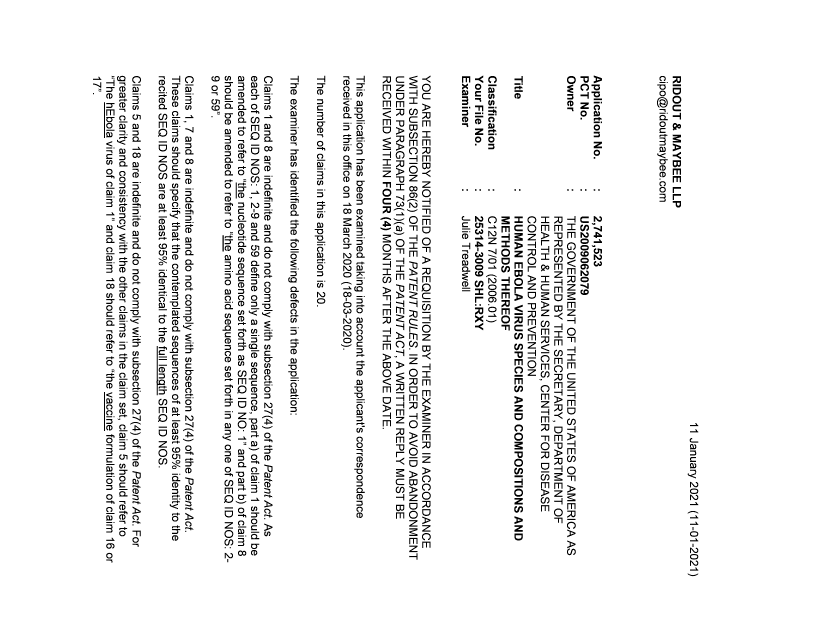 Document de brevet canadien 2741523. Demande d'examen 20210111. Image 1 de 3