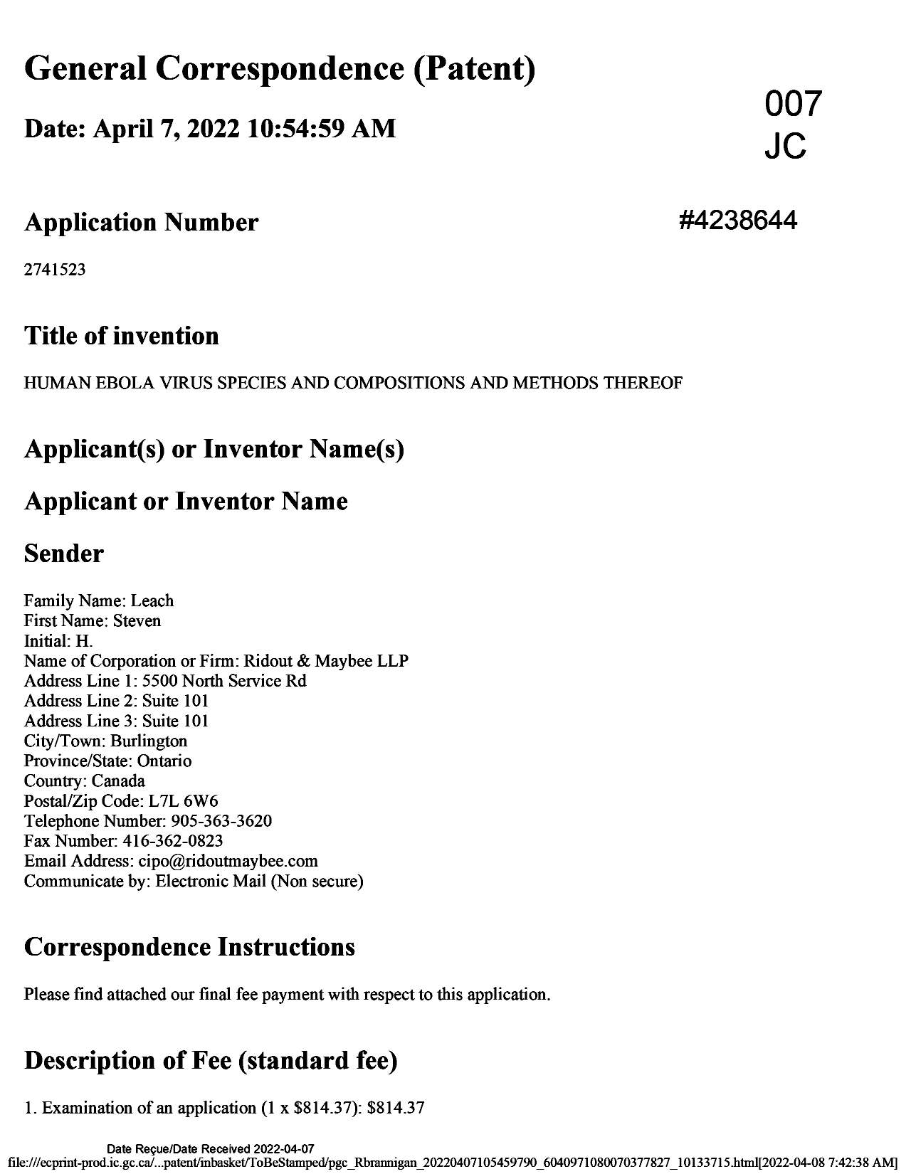 Document de brevet canadien 2741523. Requête d'examen 20220407. Image 1 de 4