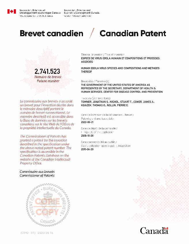 Canadian Patent Document 2741523. Electronic Grant Certificate 20220621. Image 1 of 1