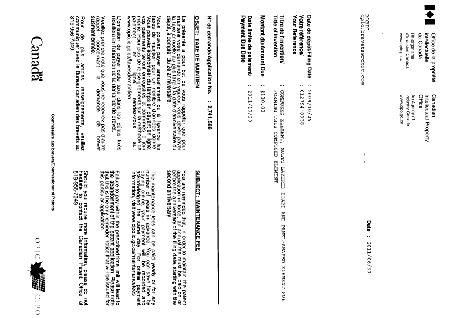 Document de brevet canadien 2741588. Correspondance 20110630. Image 1 de 1