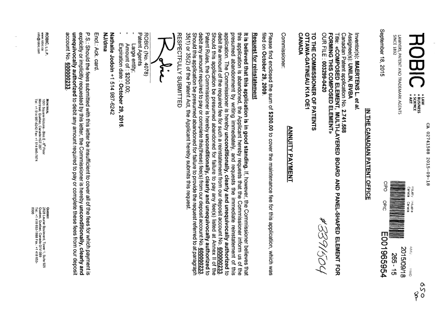 Document de brevet canadien 2741588. Paiement de taxe périodique 20150918. Image 1 de 1