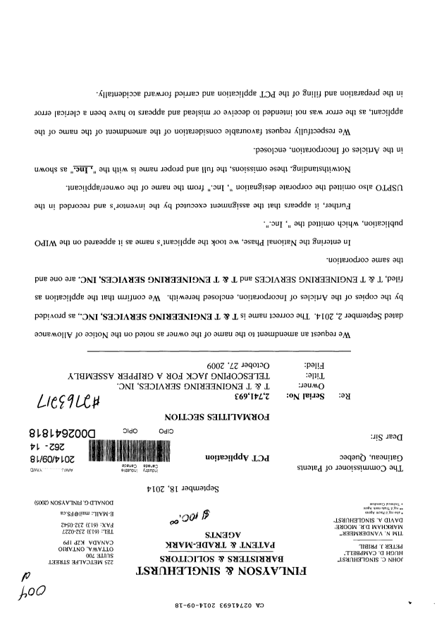 Canadian Patent Document 2741693. Correspondence 20140918. Image 1 of 5
