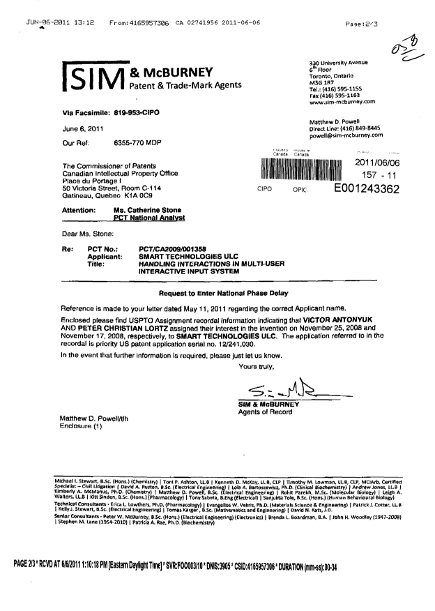 Document de brevet canadien 2741956. Correspondance 20110606. Image 1 de 3